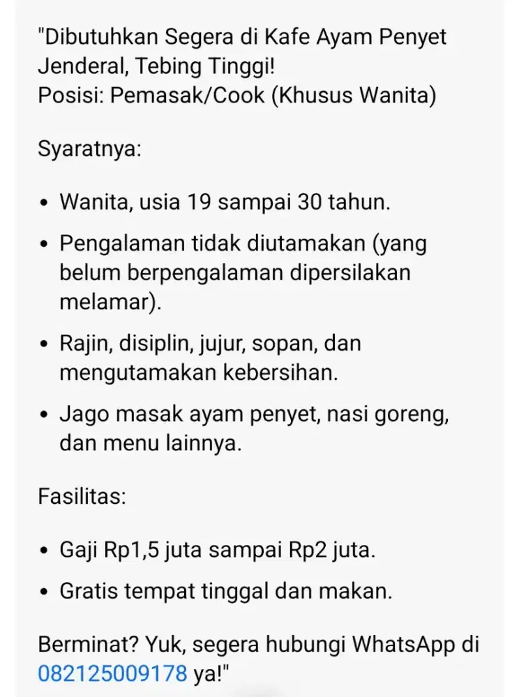 Lowongan  kerja pemasak/cook