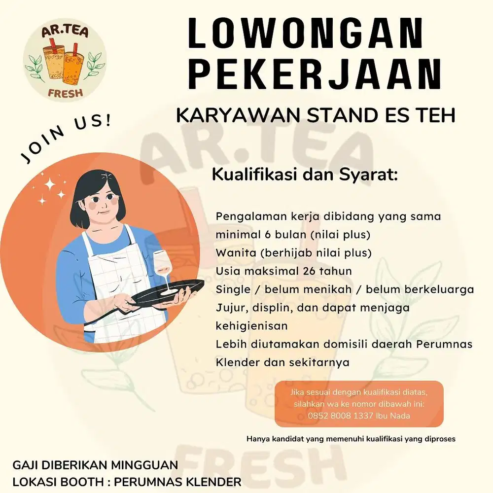 LOWONGAN KERJA - PRAMUNIAGA STAND ES TEH (2) & KURIR SUPPORT (2)