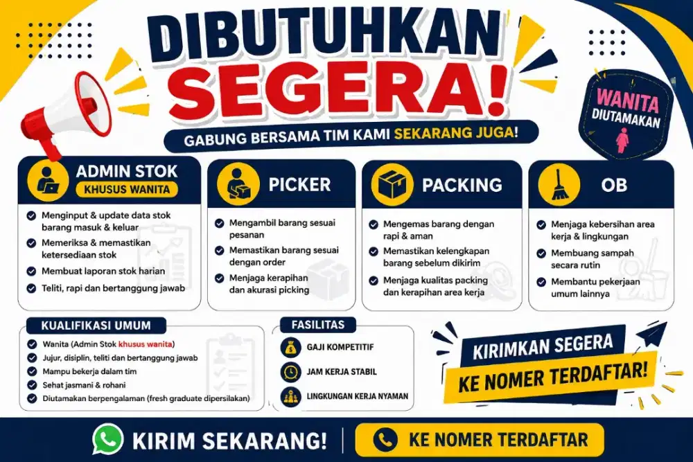 Dibutuhkan segera admin stok, picker packing, ob