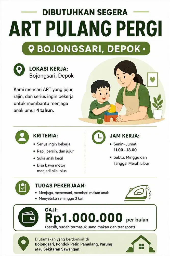 Di Cari ART Untuk Jaga Anak Kecil