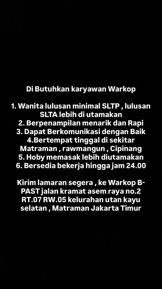 DIBUTUHKAN SEGERA KARYAWAN WARKOP
