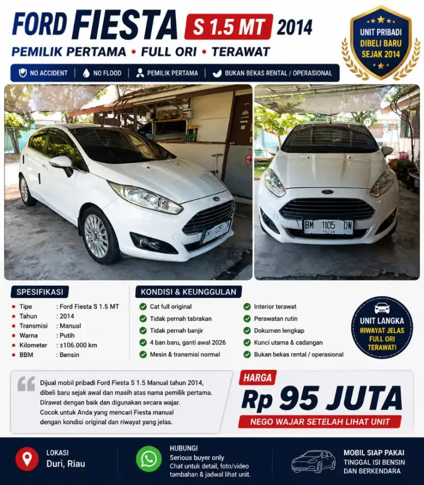 FORD FIESTA S 1.5 MT 2014 – PEMILIK PERTAMA | FULL ORI