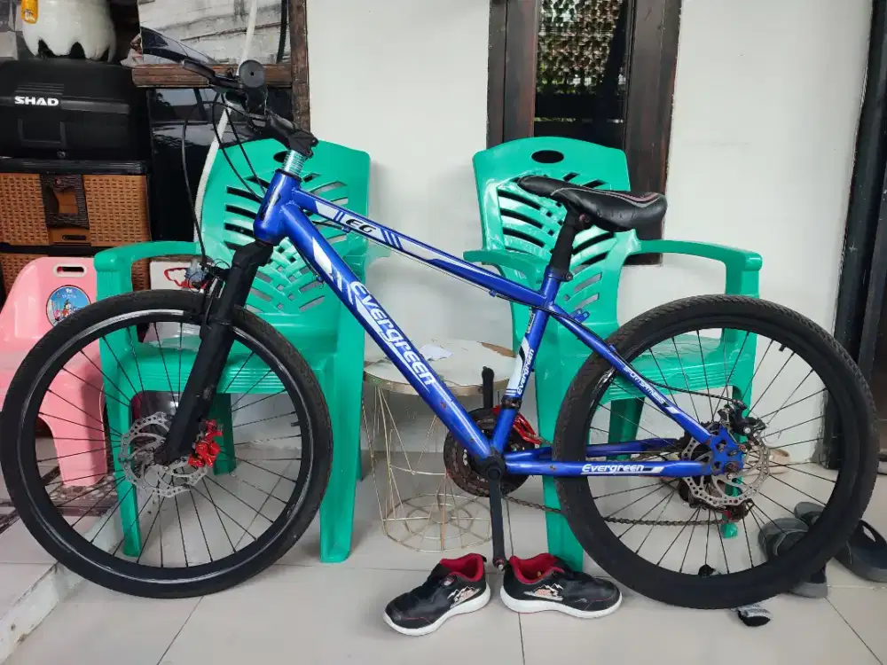 Sepeda MTB Evergreen biru bonus pedal baru
