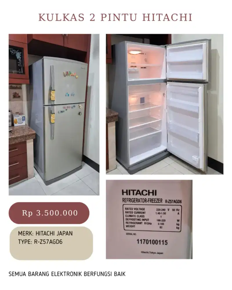 KULKAS BESAR 2 PINTU HITACHI JAPAN