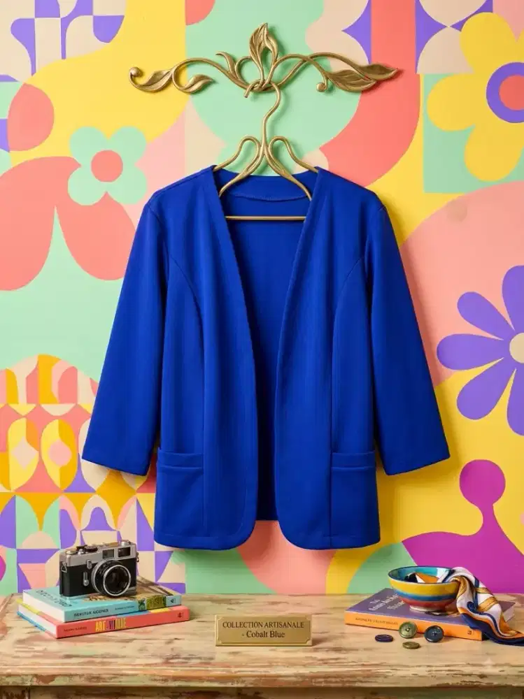 Blazer wanita biru elektrik lengan 3/4 minimalis preloved