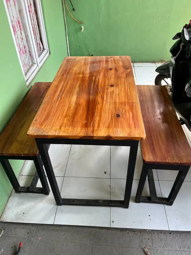 JUAL BORONGAN 5 SET MEJA MAKAN KAYU + BANGKU - MINIMALIS INDUSTRIAL