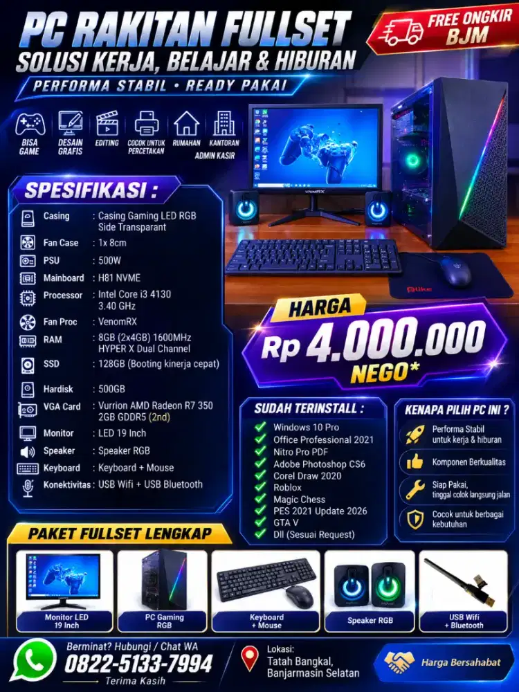 PC fullset BARU bisa desain ccok utk percetakan, rumah, kantor & admin