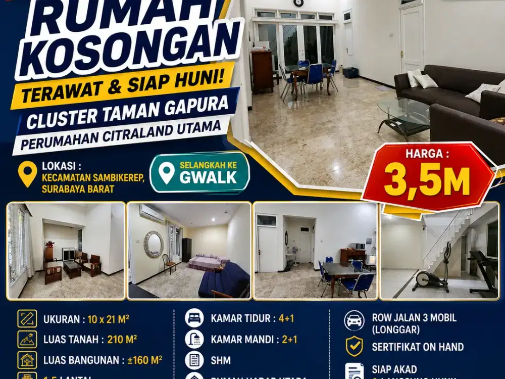 SELANGKAH KE G-WALK!! DIJUAL CEPAT RUMAH KOSONGAN – TERAWAT CLUSTER TAMAN GAPURA – PERUMAHAN CITRALAND UTAMA