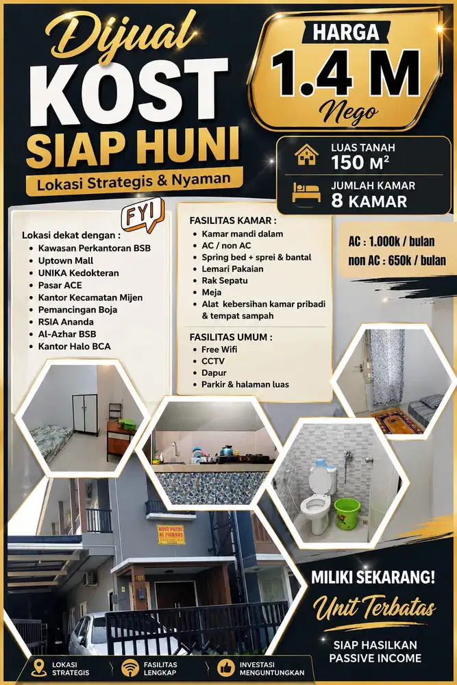 DIJUAL KOST NYAMAN MURAH DIBAWAH HARGA PASAR CEPAT SEGERA