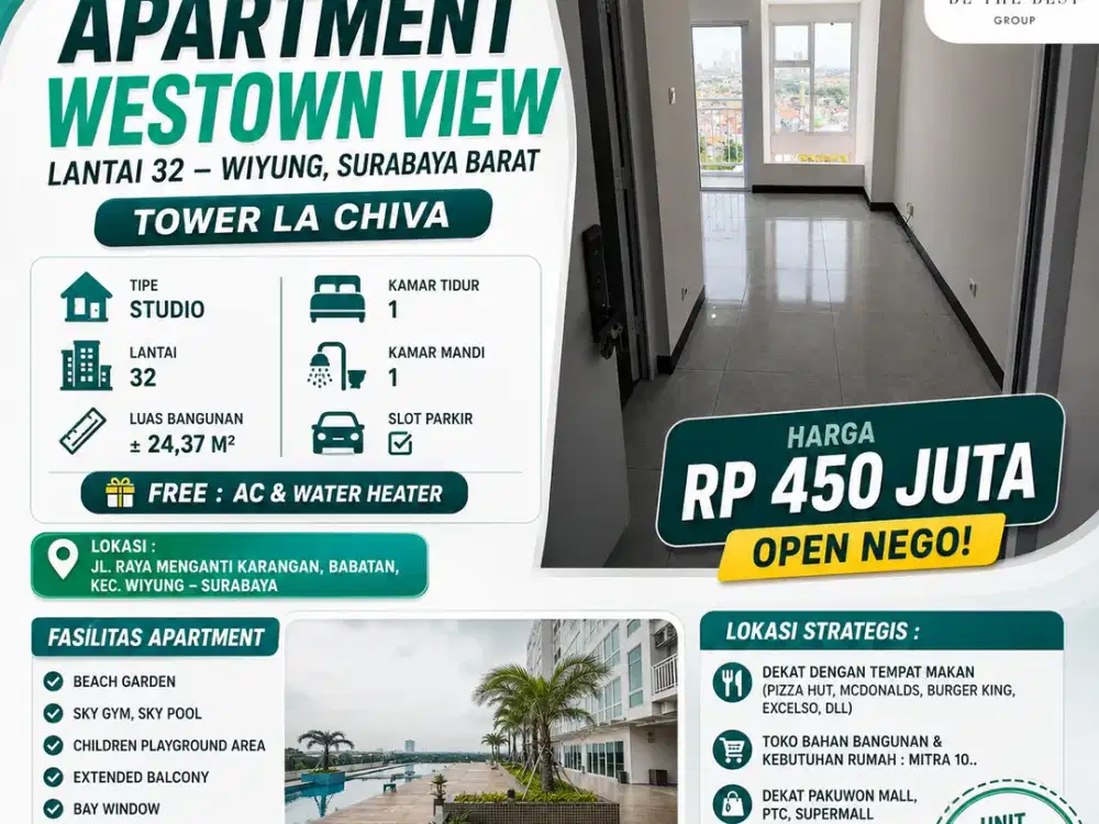 DEKAT PTC!! JUAL CEPAT APARTMENT WESTOWN VIEW – LANTAI 32 : WIYUNG SURABAYA BARAT