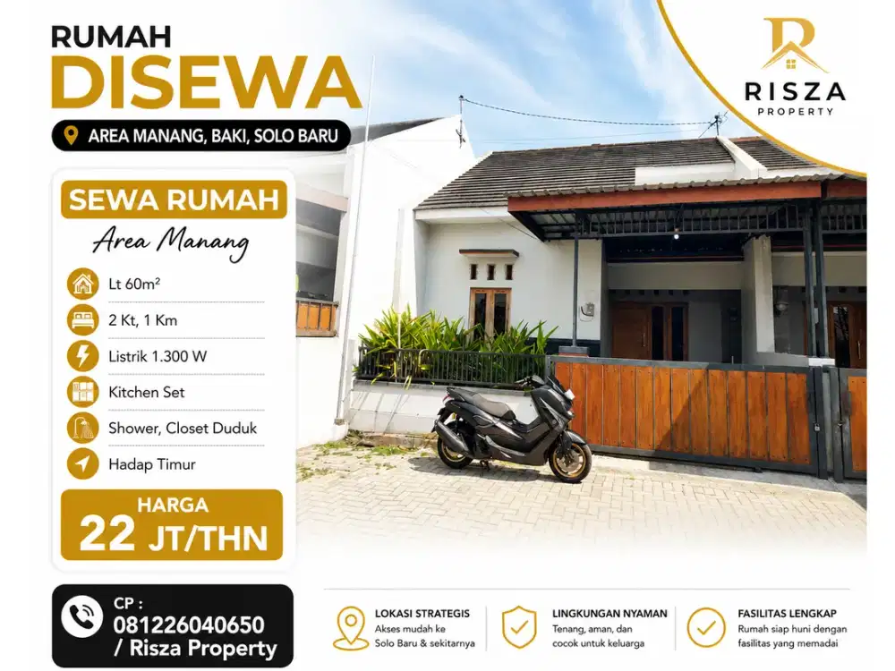 Sewa Rumah Area Manang, Baki, Solo Baru, Dekat Laweyan, Gentan, Solo Baru