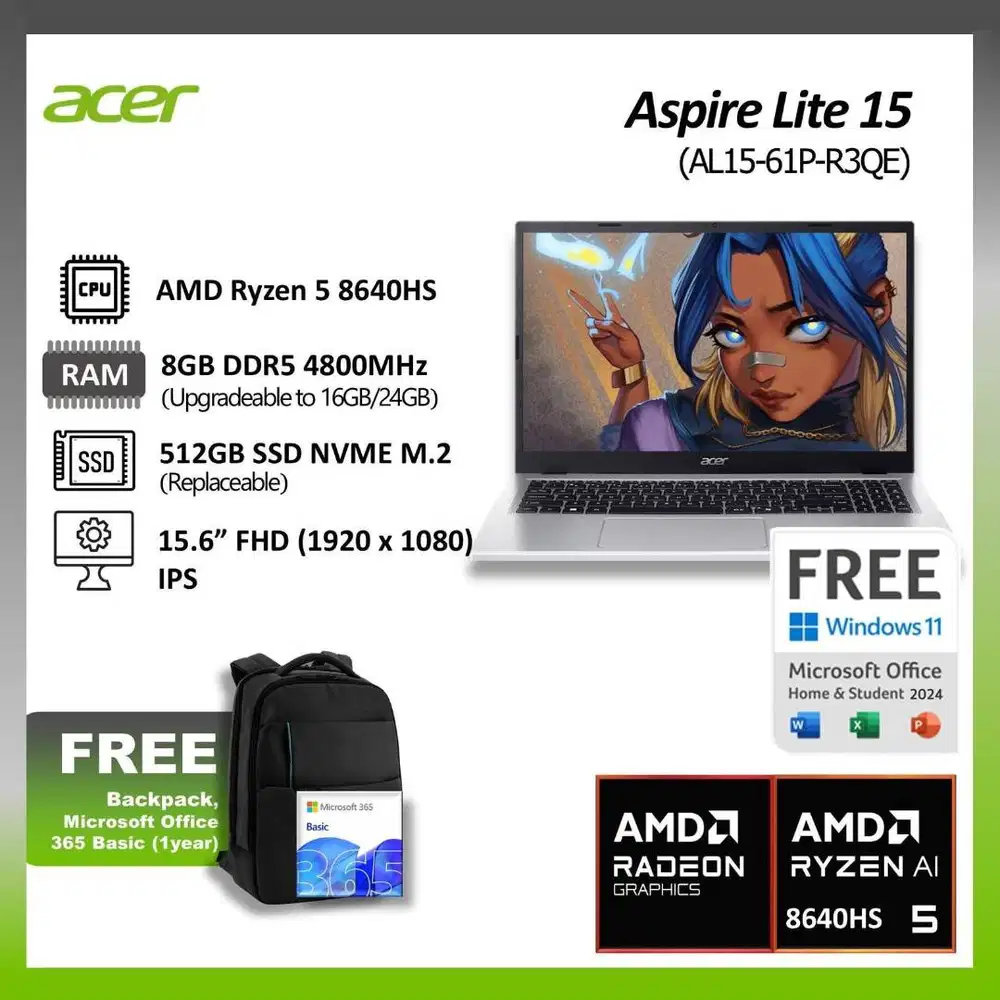 ACER Aspire Lite 15 AL15-61P-R3QE Ryzen 5 8640HS 8 512GB WIN 11 OHS