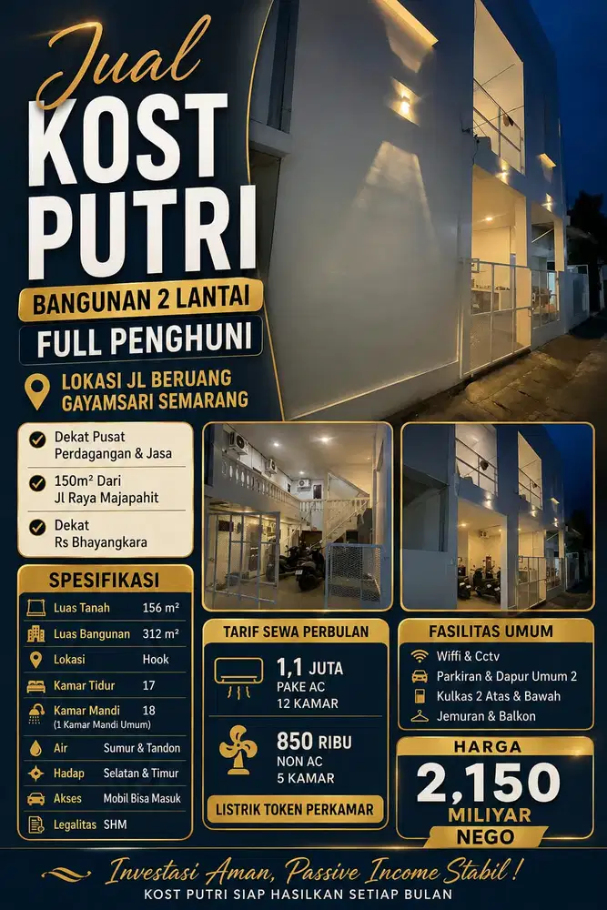 DIJUAL KOST GAYAMSARI MURAH UNTUNG VIEW 2LT/312m CEPAT SEGERA