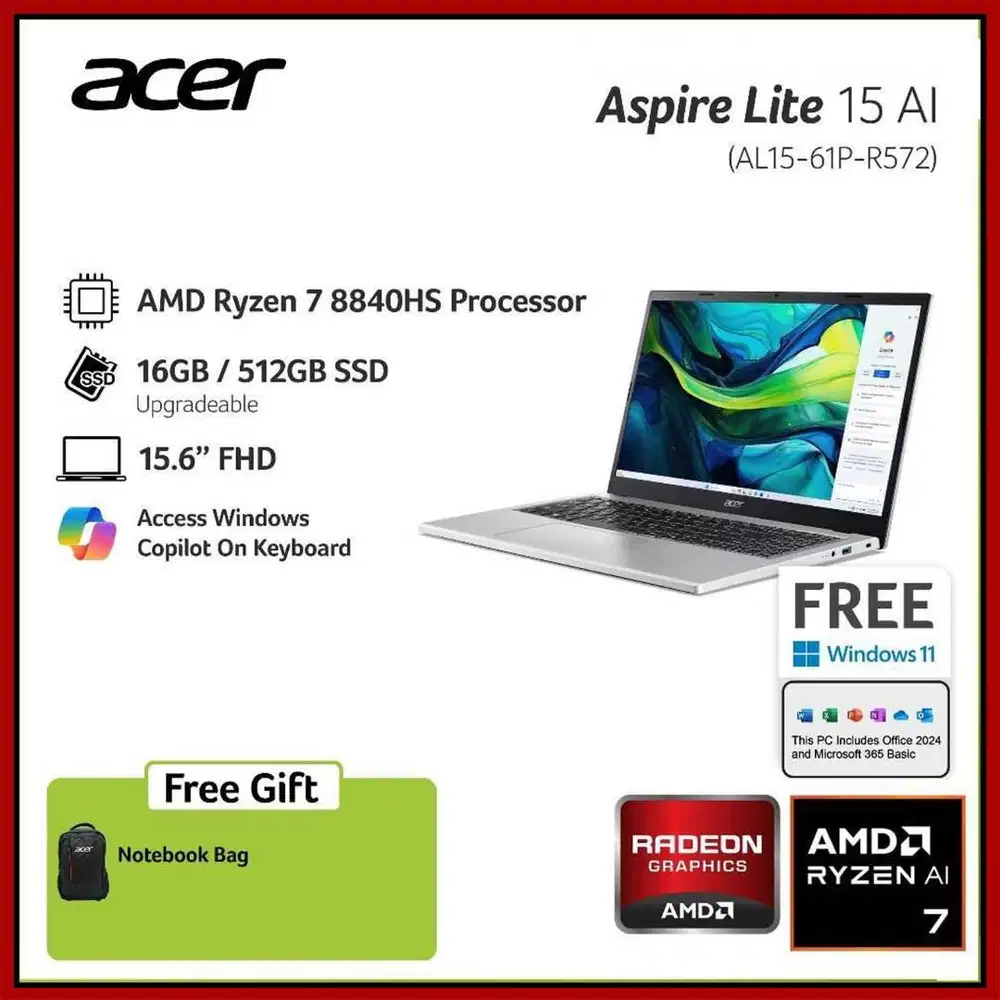 ACER ASPIRE LITE AL15 61P R572 RYZEN 7 8840HS 16GB RAM 512GB Win 11