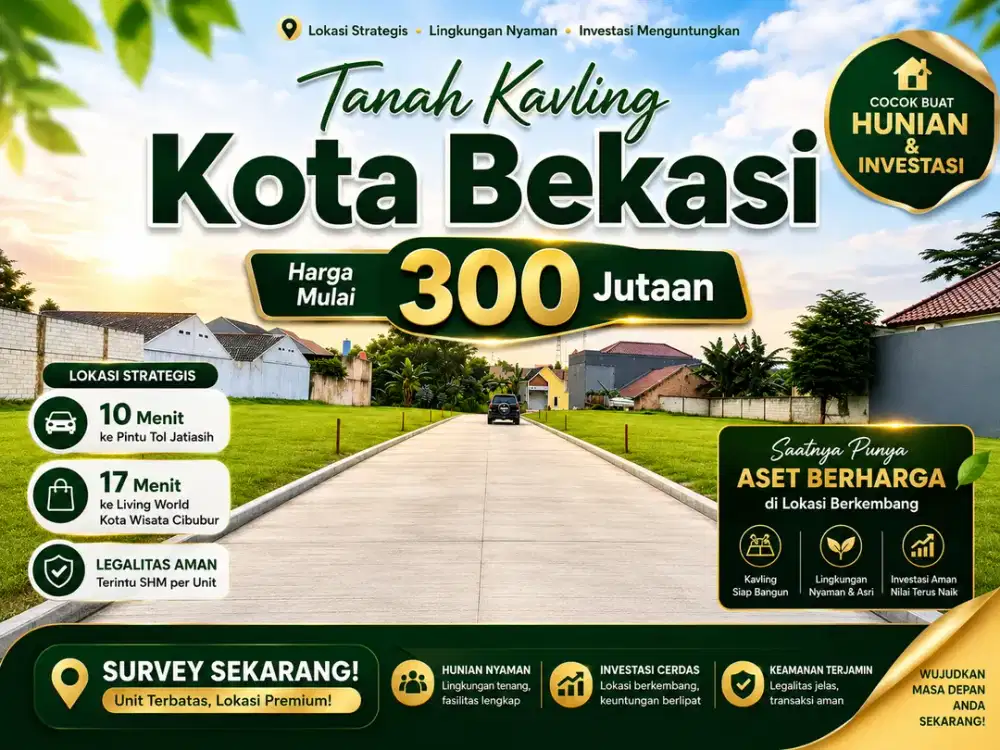 Tanah Murah Bekasi Hanya 10 Menit ke Pintu Tol Jatiasih, Terima SHM per Unit
