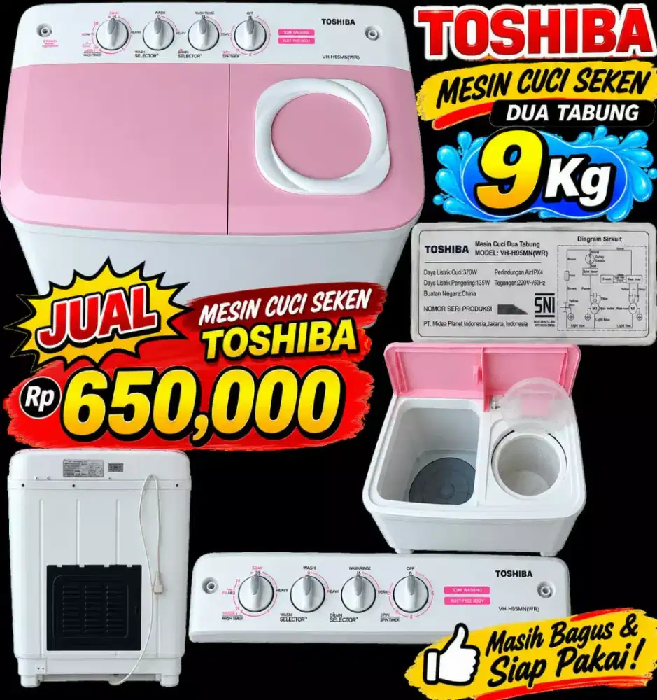 Dijual mesin cuci manual merek Thosiba 9 kg