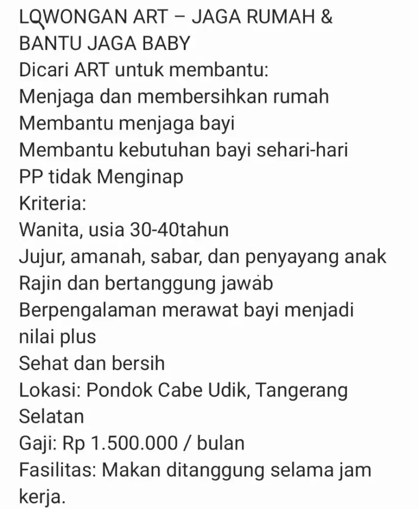 DICARI ART BISA JAGA BABY DAN BANTU BERSIH-BERSIH RUMAH