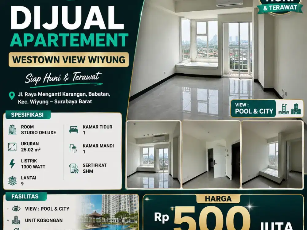TYPE STUDIO DELUXE – CITY & POOL VIEW!! DIJUAL APARTEMENT WESTOWN VIEW WIYUNG – SIAP HUNI & TERAWAT