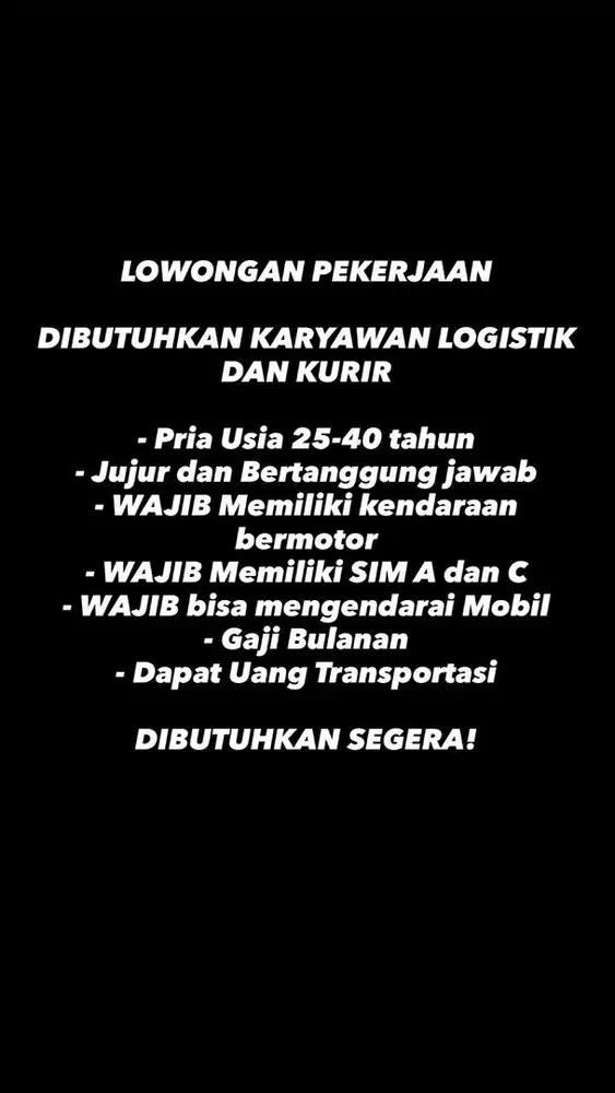 LOWONGAN PEKERJAAN KURIR DAN LOGISTIK