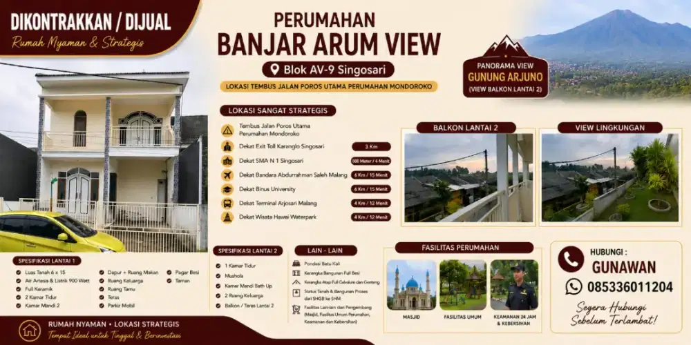 Dikontrakkan Rumah 2 lantai Pintu Masuk Mondoroko Singosari Malang