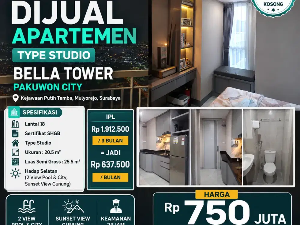 NEW GRESS – LANTAI 18 VIEW CITY & POOL!! DIJUAL APARTEMEN TYPE STUDIO - BELLA TOWER PAKUWON CITY
