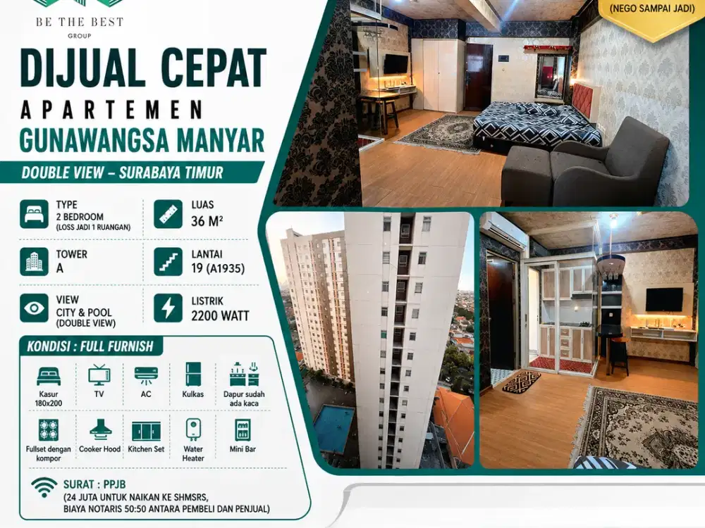 FULL FURNISH – 2BR!! DIJUAL CEPAT APARTEMEN GUNAWANGSA MANYAR - DOUBLE VIEW SURABAYA TIMUR