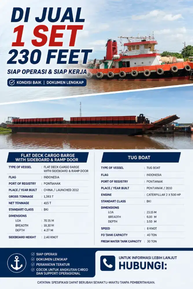 Di jual Tugboat & tongkang 230 feet tahun 2010 - 2012