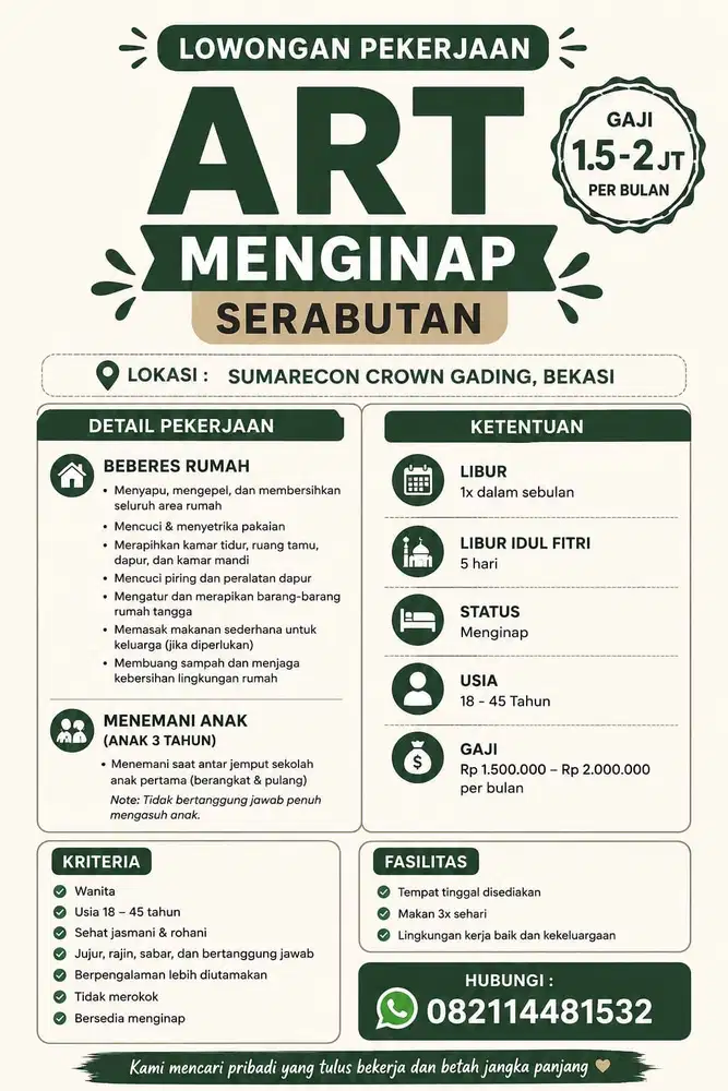 Dibutuhkan ART menginap