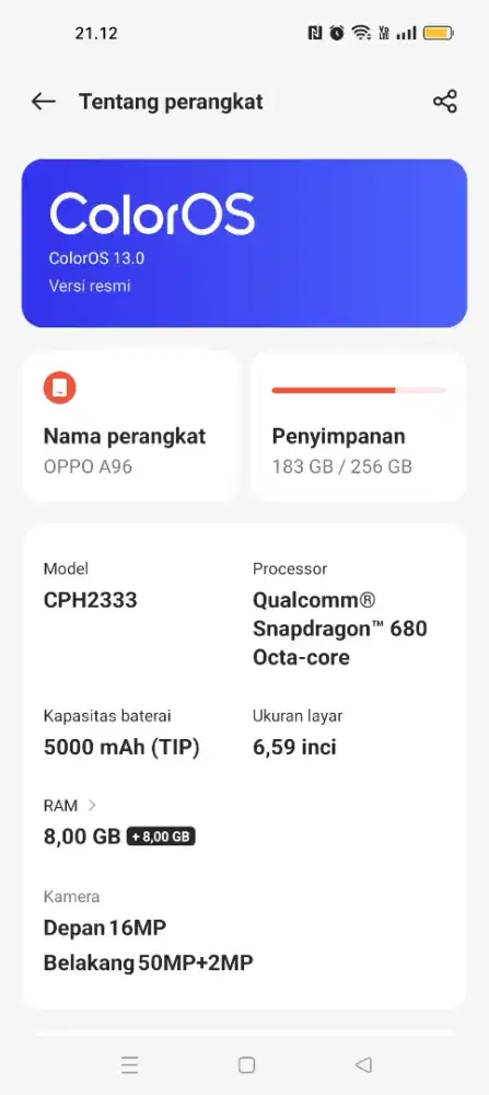 Oppo A96 Ram 8 / 256