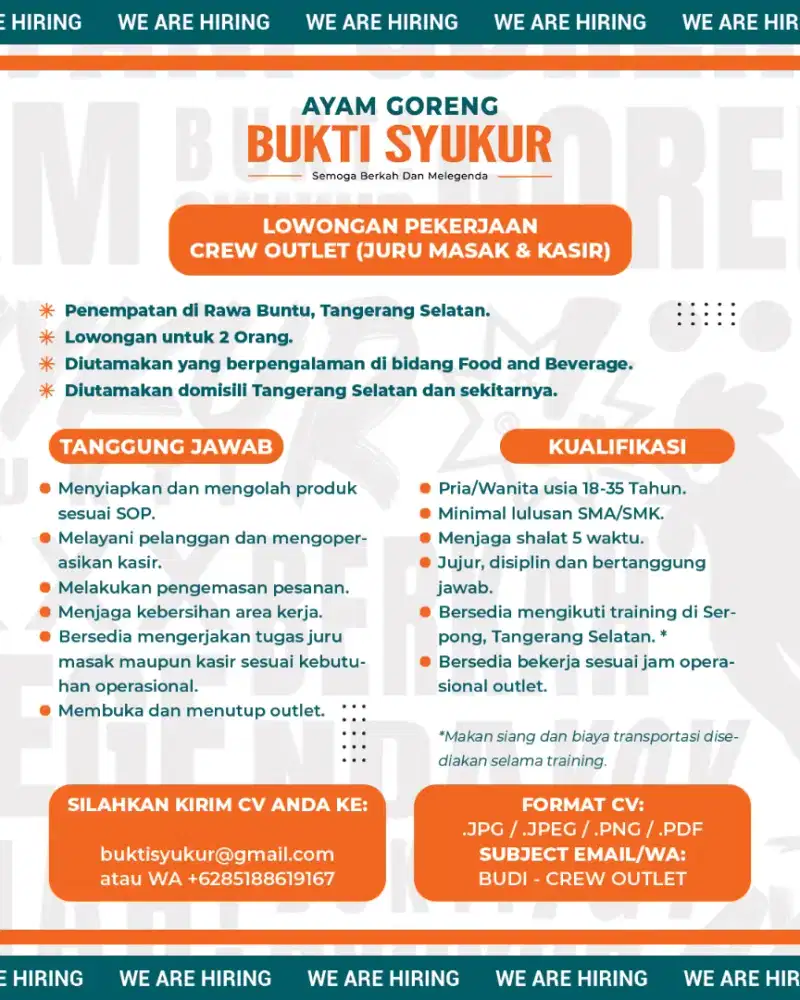 Lowongan Pekerjaan Crew Outlet (Kasir Dan Juru Masak)