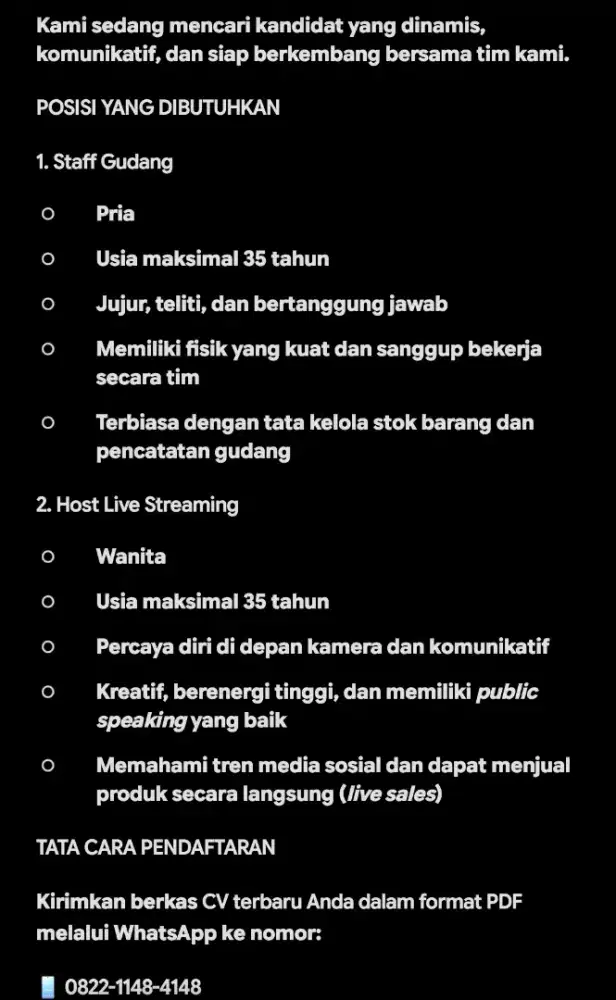 LOKER STAF GUDANG & HOST LIVE