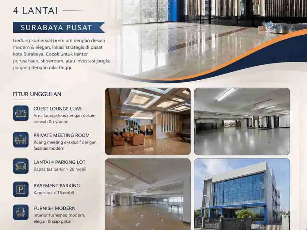 HOT KOMERSIAL BUILDING, Gedung Komersial LUXURY 4 lantai, Surabaya Pusat

Guest Lounge Luas
Furnish Modern
Private meeting room 
lantai 4 parking lot > 20 mobil
basement muat > 15 mobil

LT 900 m²+/-
LB 3600m² +/-
SHM perorangan
Hadap selatan

*Rp 1