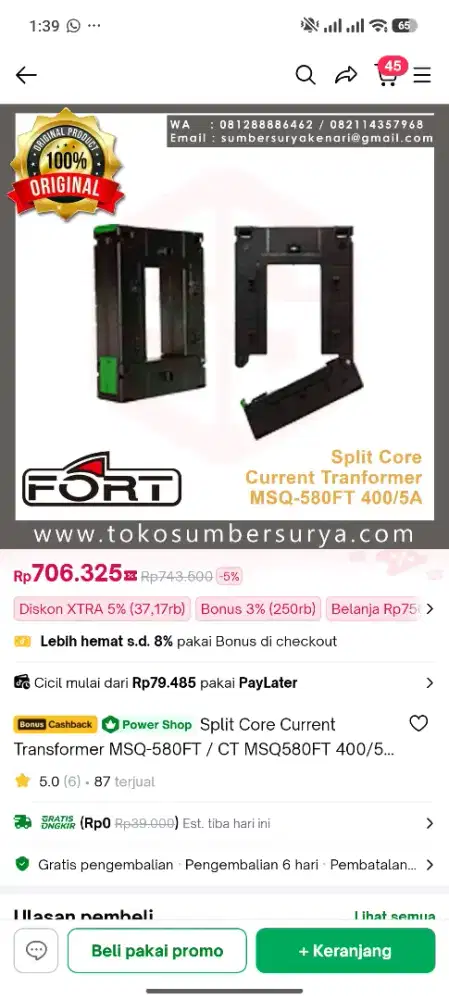 Transformer MSQ-580FT / CT MSQ580FT 400/5A Fort Split Core