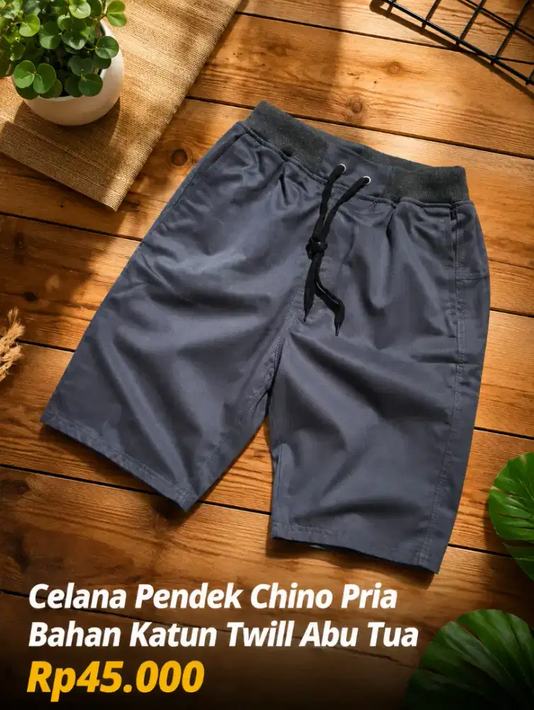 Celana Pendek Chino Pria Bahan Katun Twill Abu Tua