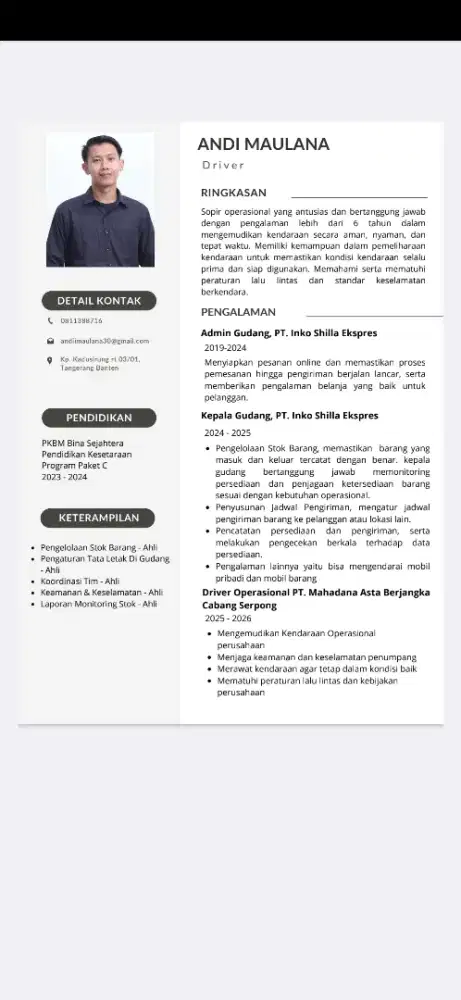 Mencari Pekerjaan Driver Pribadi/Operasional