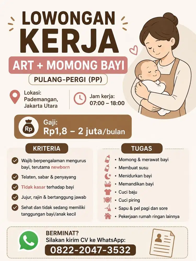 Lowongan Kerja ART + Momong Bayi (Pulang Pergi)