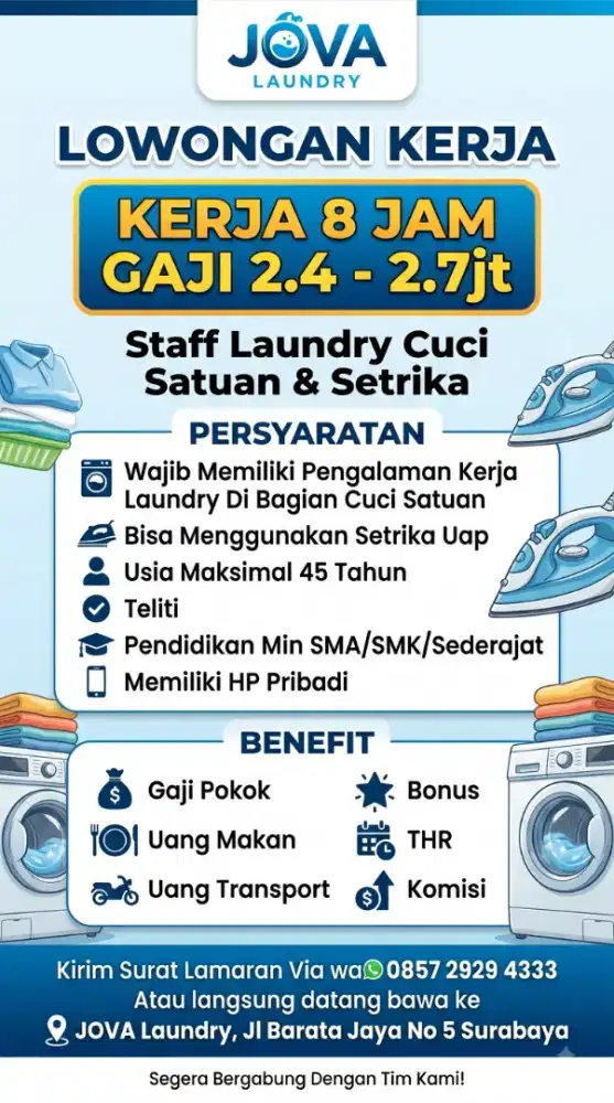 Dibutuhkan Karyawati Laundry Cuci Satuan dan Setrika