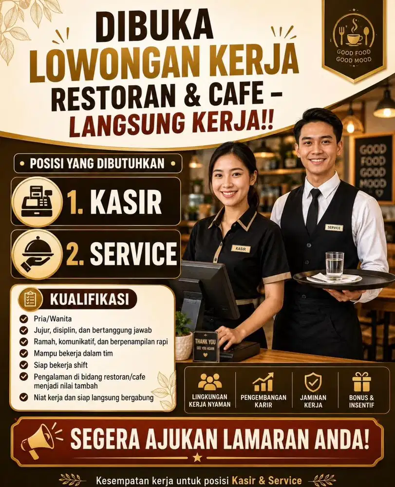 KERJA RESTORAN & CAFE (KASIR Khusus wanita pengalaman)