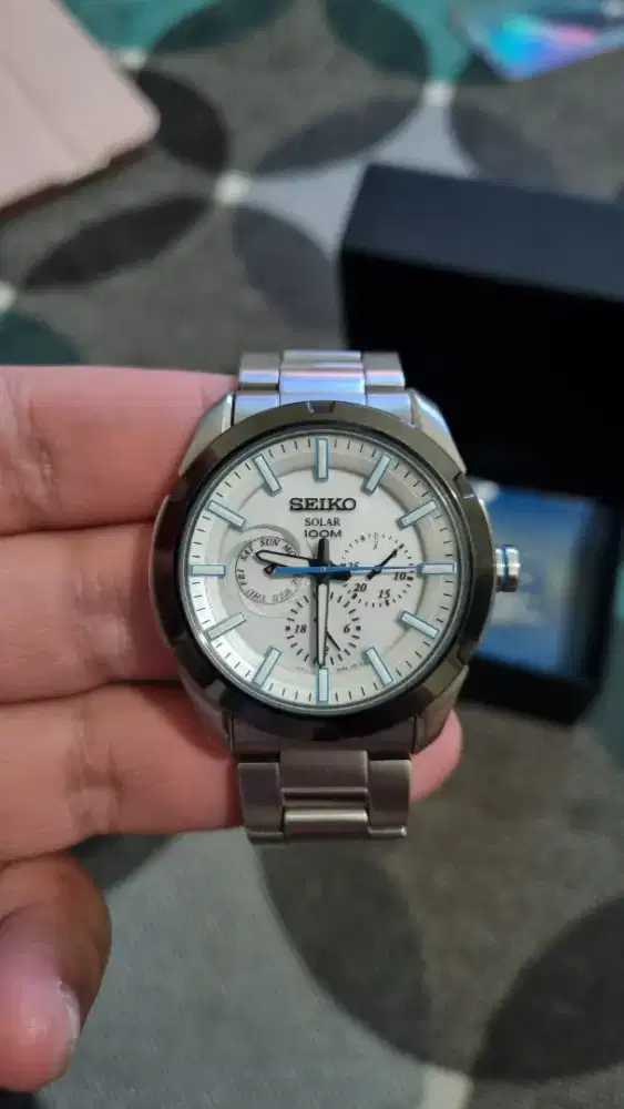 Jam Tangan Seiko Solar SNE257P1 White Dial Stainless Steel Strap mulus