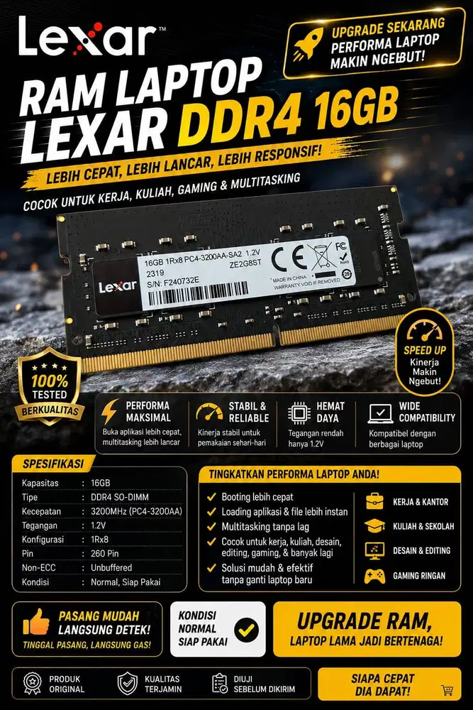 Sodimm ddr4 16Gb PC3200 seken normal merk lexar, masih seperti baru