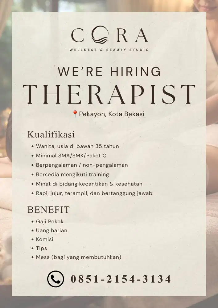 LOWONGAN KERJA THERAPIST – CORA Wellness and Beauty Studio
