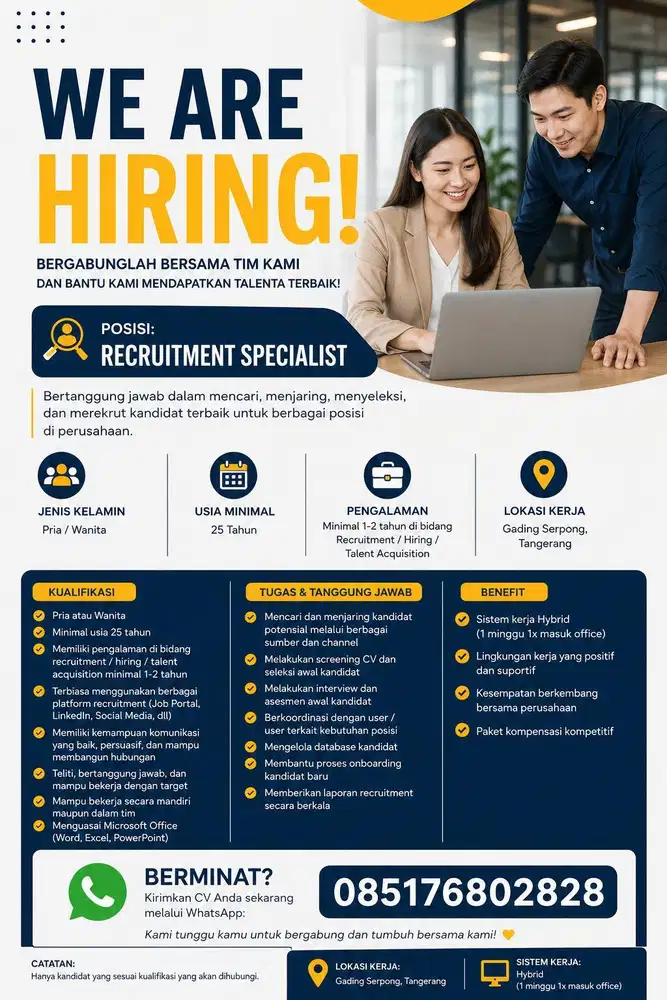 LOKER HYBRID posisi RECRUITMENT SPECIALIST / TALENT ACQUISITION