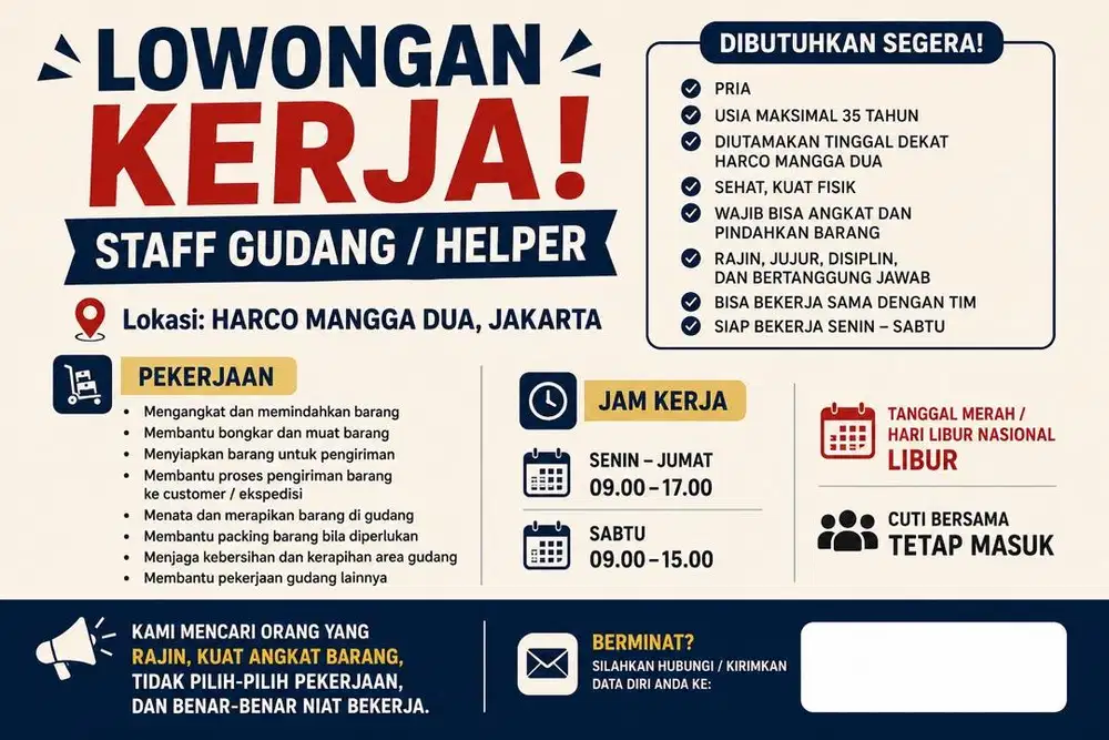 LOWONGAN KERJA – HELPER GUDANG