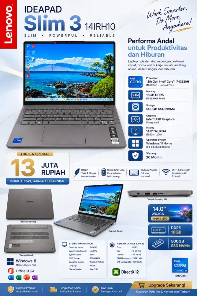 LENOVO IDEAPAD SLIM 3i 14 I7 13620H 16GB 512GB W11+OHS 14.0 FHD IPS