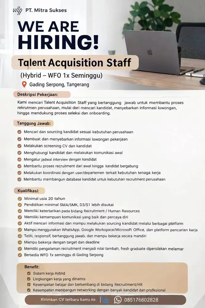 LOKER WFH TANGERANG - TALENT ACQUISITION STAFF - Gading Serpong Loker