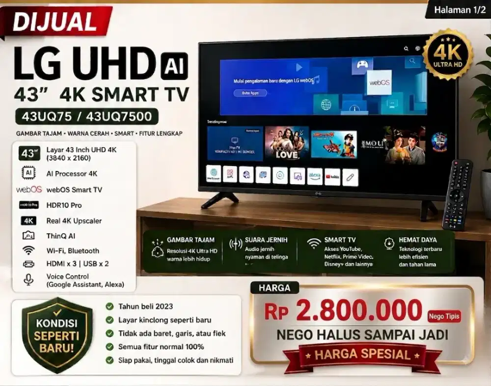 LG UHD AI 43” 4K Smart TV 43UQ75 – Mulus & Normal