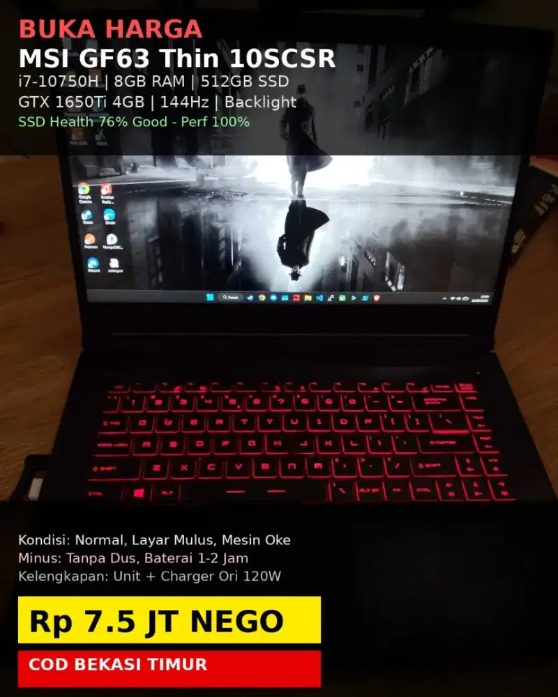LAPTOP MSI GF63 Thin 10SCSR i7-10750H GTX 1650Ti 8/512GB 144Hz