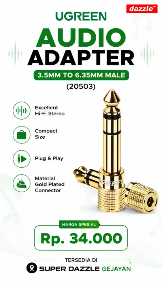 UGREEN AUDIO ADAPTER JACK 3.5MM FEMALE TO 6.5MM MALE (20503)