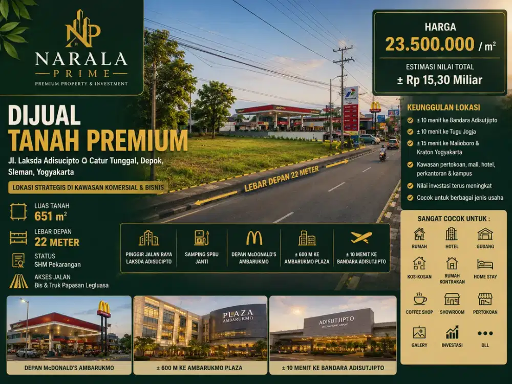 KAVLING MURAH DEPAN MCD AMBARUKMO LEBAR 22 METER