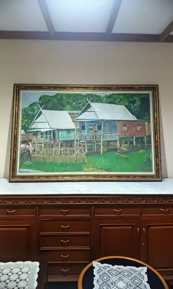Lukisan Vintage Rumah Adat Size Besar Frame